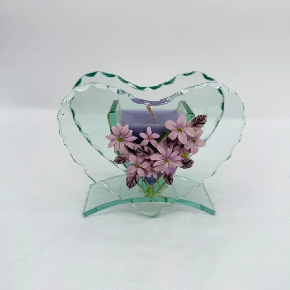 Giftco Heart Candle Beveled‎ Glass Holder Polystone Flowers Purple Decor Gift